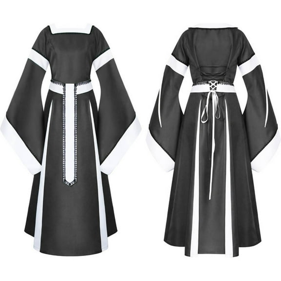FEIFLY Elegant Dress Gown For Women Halloween Party Formal Evening Gown Long Sleeve Flowy Dress With Waist Cincher Solid Color Festival Clothing
