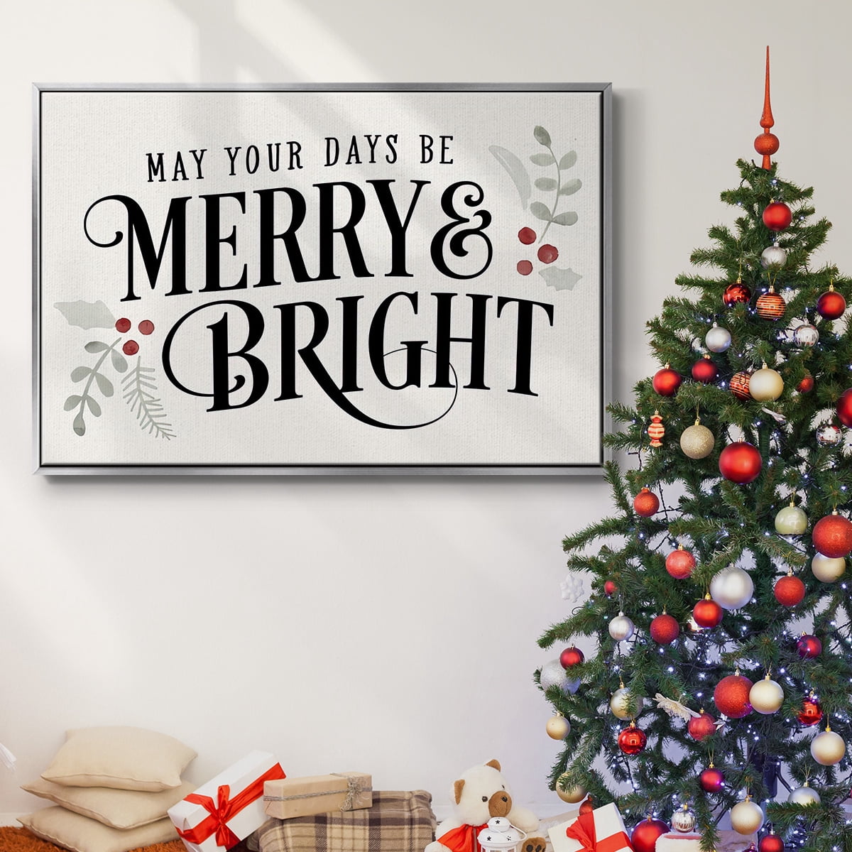 Merry Sentiment II - Framed Gallery Wrapped Holiday Canvas - 27 x 41 - Silver Frame