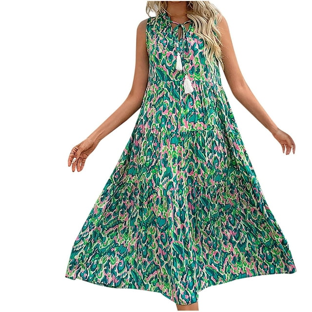 VEKDONE Robe d'Été pour Femme à Imprimé Floral, Col en V, Sans Manches, à Franges, Ample et Confortable, Vert, P