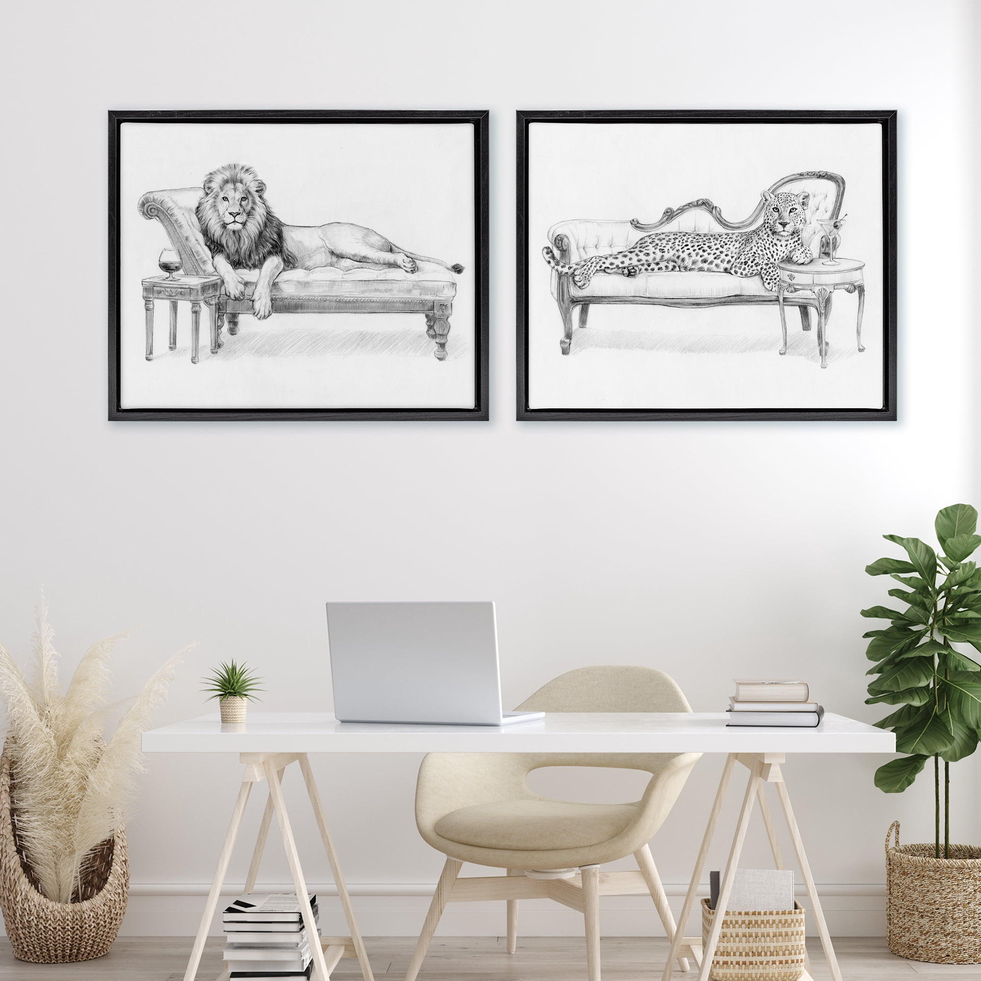 Stupell Industries Lounging Beasts Wildlife 2 Piece Black Framed Floater Canvas Set, design by Victoria Barnes
