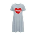 thumbnail image 4 of Lorytime Womens Nightgown Midi Knee Length Short Sleeve Nightgowns Oversized Crewneck Lips Print Sleepshirts Sleepdress Pajamas Dress Comfy Soft Lounge Nightdress Blue XL, 4 of 5