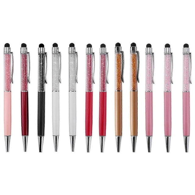 12Pcs/Pack Bling Bling 2-In-1 Slim Crystal Diamond Stylus Pen and Ink Ballpoint Pens (12 Colors)