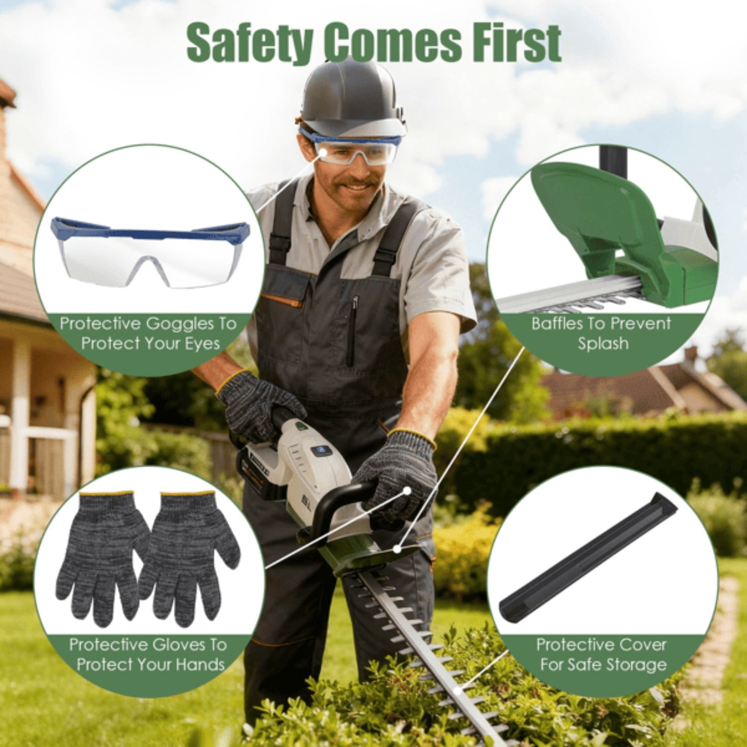 Cordless Hedge Trimmer with 20000 RPM Motor 2600mAh Battery Dual-Action Steel Blade Anti-Splash Baffle & Safety Gear for Bushes & Shrubs