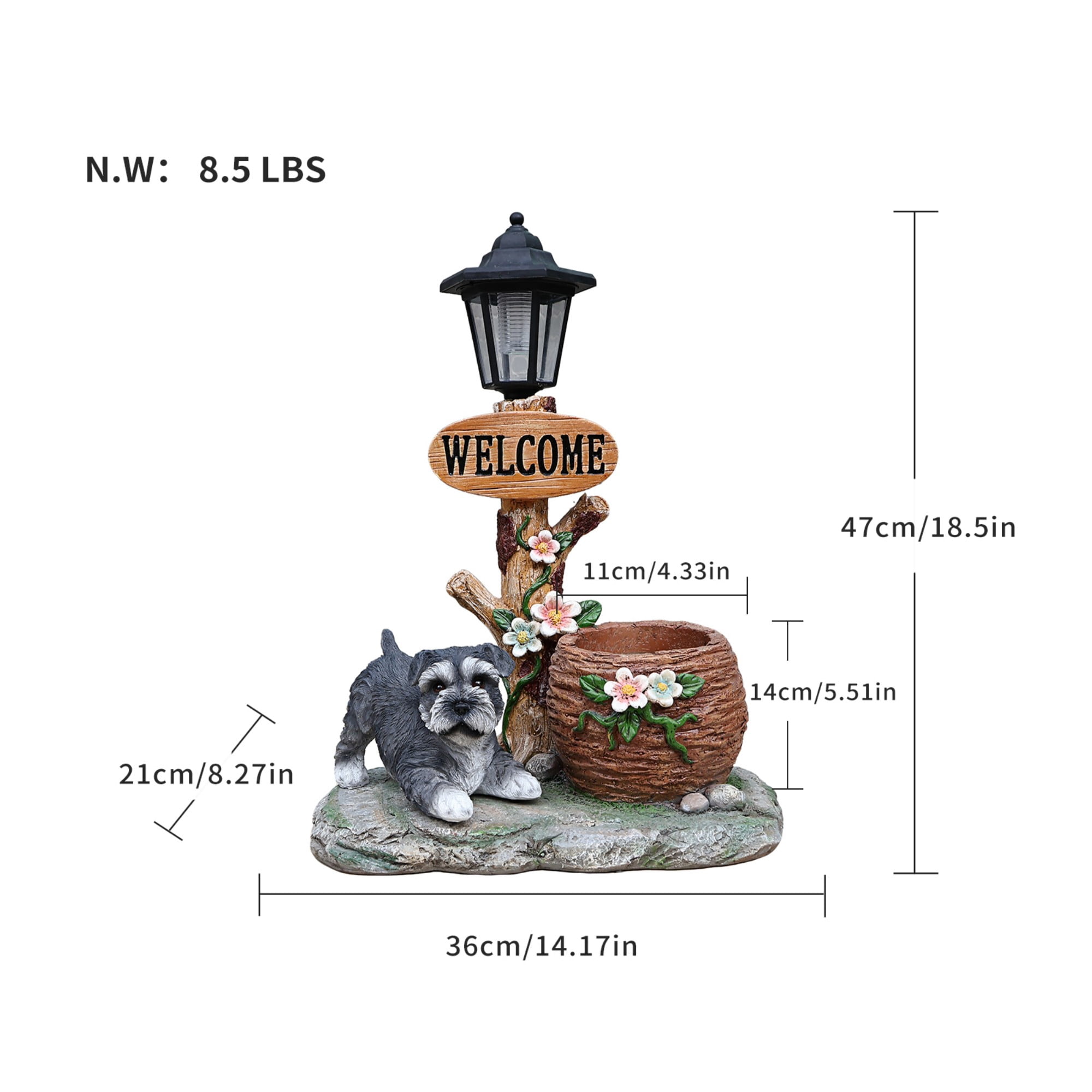 Schnauzer Dog Solar Planter Statue with LED Light, Brown Resin Flower Pot Decor, Garden Yard Patio Outdoor