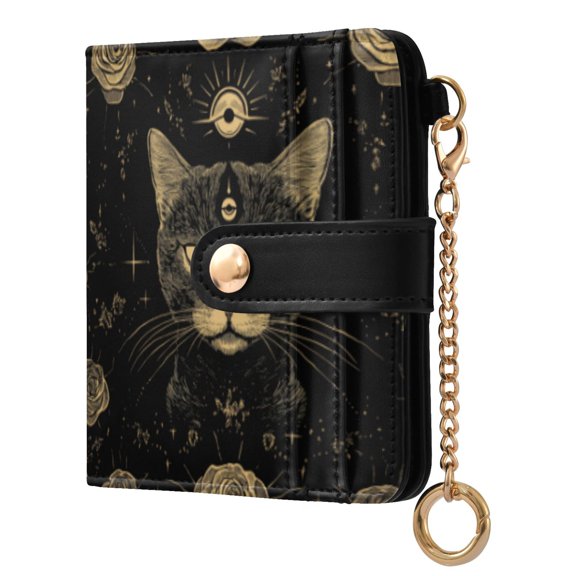 Qxltty Cat with Third Eye Rose Pattern Ladies Wallet Rfid Slim Thin Compact Credit Card Women Wallet Zipper Coin Pocket and ID Window for Female Gifts