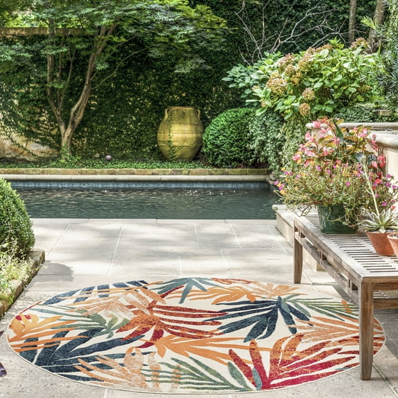 5ft Round Water Resistant, Indoor Outdoor Rugs for Patios, Front Door Entry, Entryway, Deck, Porch, Balcony | Outside Area Rug for Patio | Multi-Color, Floral | Size: 5'3'' Round