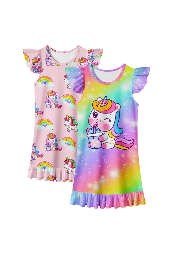 Girls Nightgowns 2-Pack Flutter Sleeve Pajama Dress Princess Unicorn Sleepwear for Toddler to Big Kids