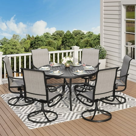 7-Piece Outdoor Patio Dining Set, Swivel Chairs & 54” Large Round Table with Umbrella Hole, Steel Frame & Textilene Seat, Gray