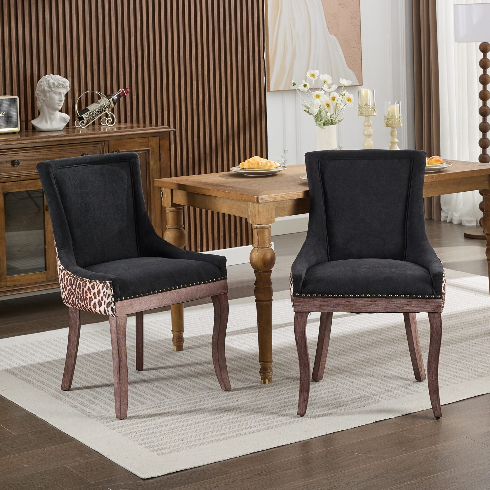 Gewnee Set of 2 Dining Chairs,Fabric Upholstered High Back Dining Chairs with Solid Wood Legs for Dining Room & Kitchen, Black Leopard Print