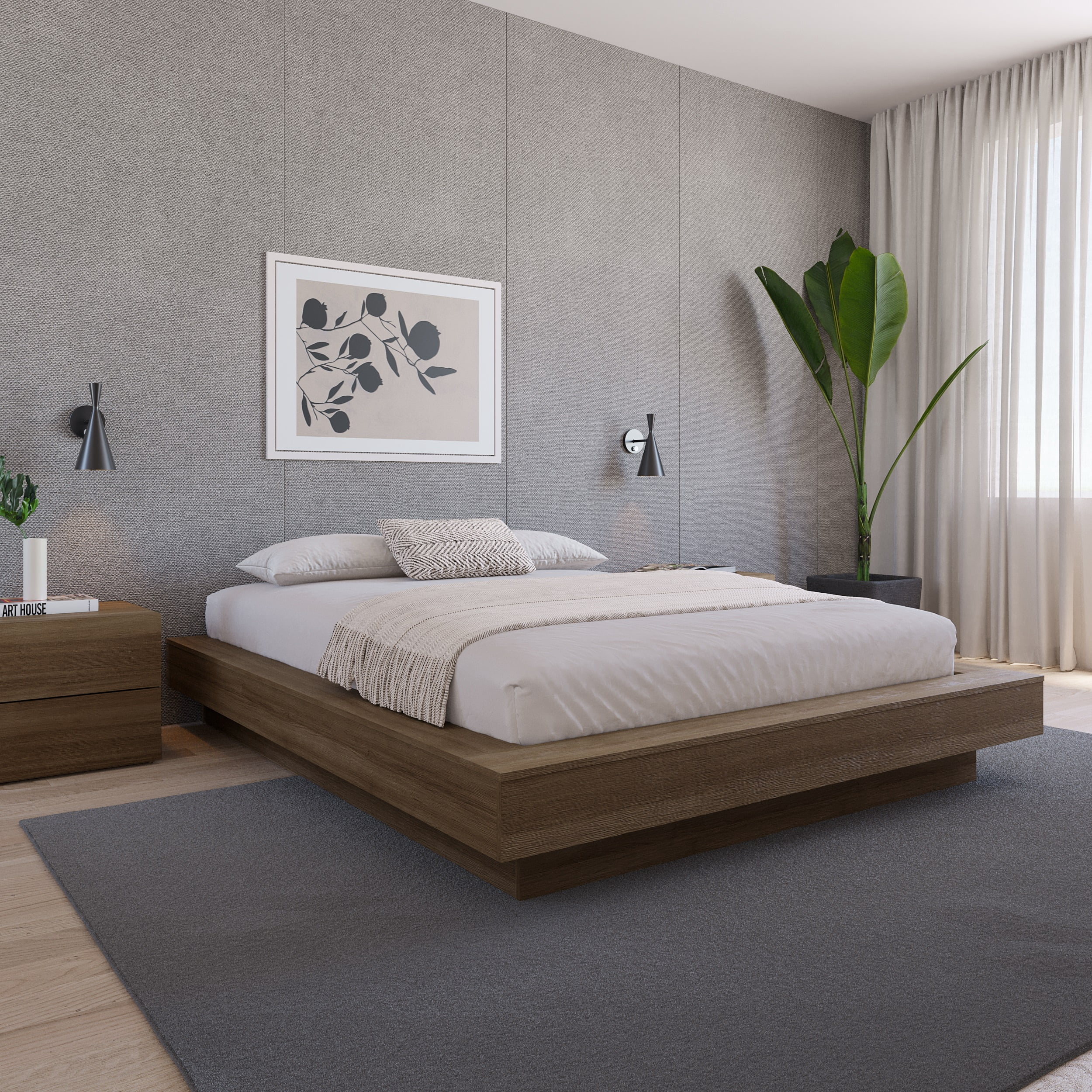 Nexera Marconi Queen Size Platform Wood Bed Frame, Brown Oak