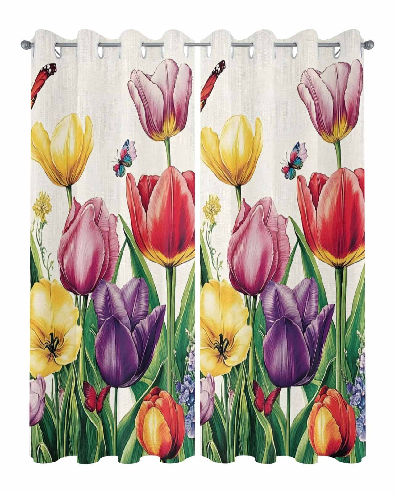 Outdoor Curtains for Patio, Spring Floral Waterproof Blackout Outside Curtain for Porch/Pergola/Gazebo, Tulip Summer Butterfly Botanical Colorful Thermal Insulated Drapes, 2 Panels, 54 x 84 Inch