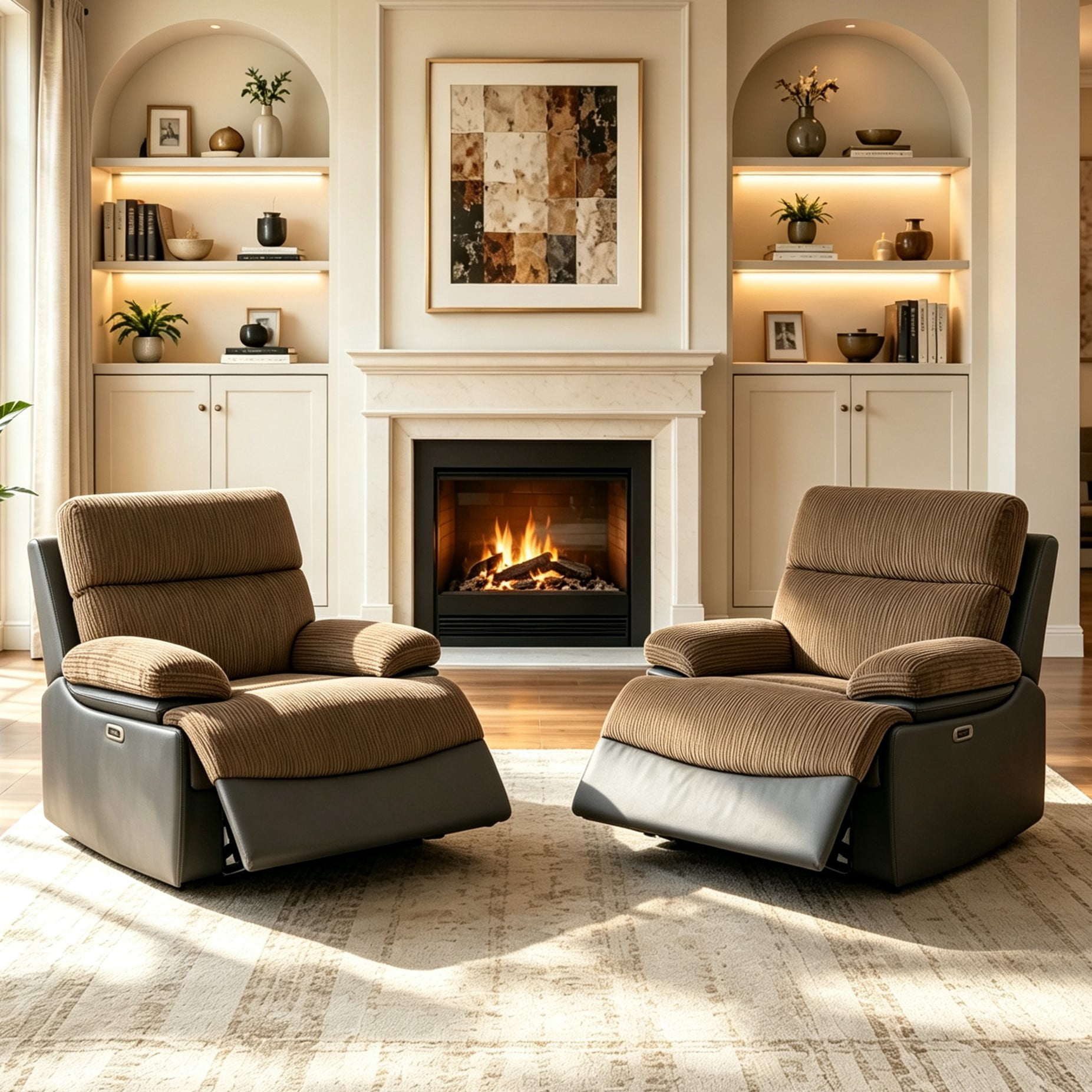Gewnee Power Recliner Chair, Adjustable Reclining Lounge Chair with USB Ports, LED Lights, Flocking Upholstered Single Sofa Recliner for Living Room, Office, Brown&Blackish Gray