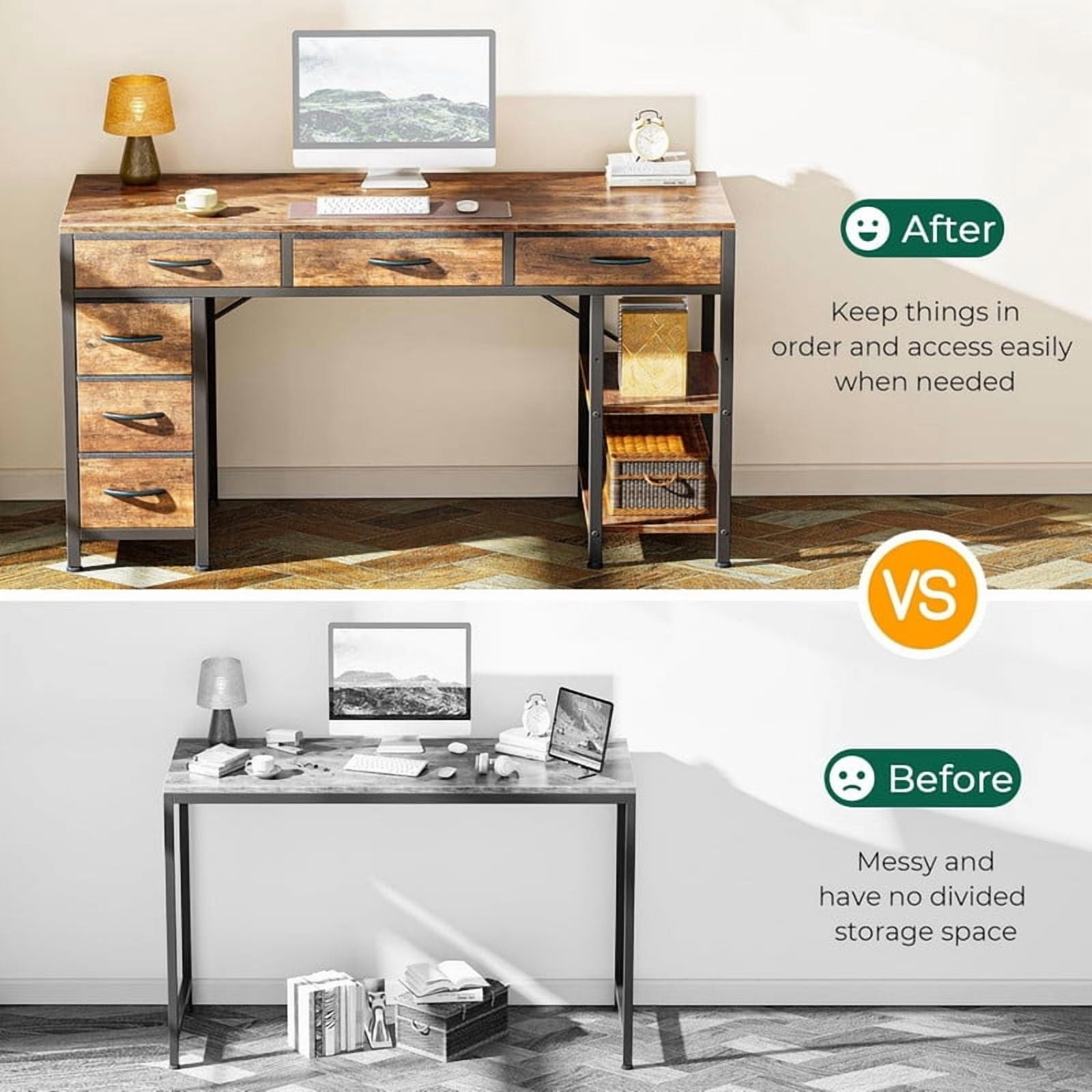 Kelno 47 Inch Computer Desk with 6 Fabric Drawer Storage Shelf Gaming Writing Table, Rustic Brown