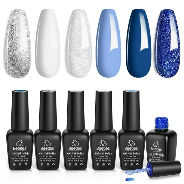 Set de esmaltes de uñas en gel Beetles White Glitter azul marino x6