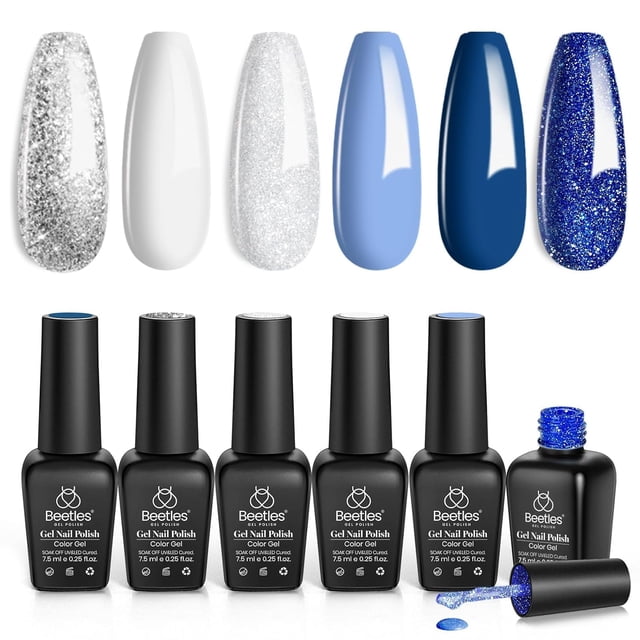 Set de esmaltes de uñas en gel Beetles White Glitter azul marino x6