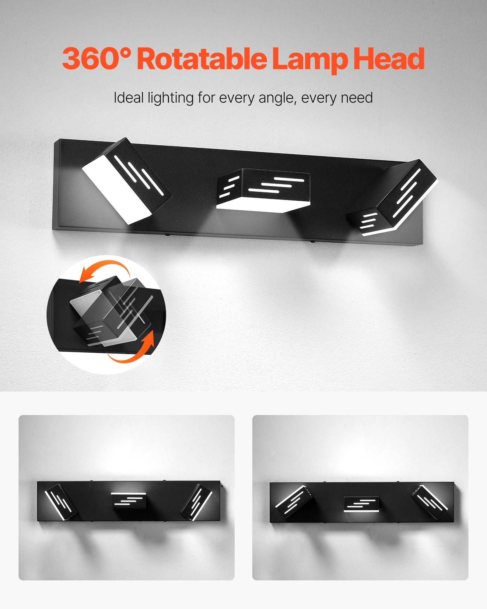VEVOR 3-Light LED Modern Vanity Light Fixtures,19.69-Inch,Black Finish Bathroom Wall Lighting Fixture Over Mirror, with IP44 Waterproof, for Bathroom, Living Room, Bedroom, Hallway, Cool White 6000K