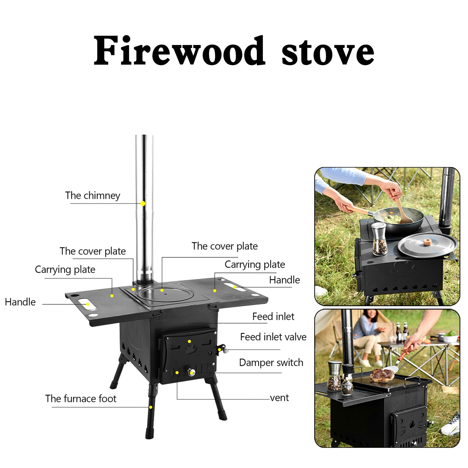 Wood Tent Stove Portable Wood Stove, Outdoor Wood Burning Stove for Camping  with 3 Chimney Pipes, Wood Cook Stove Heating Burner Stove 58 x 46 x 103  cm, Black - Walmart.com