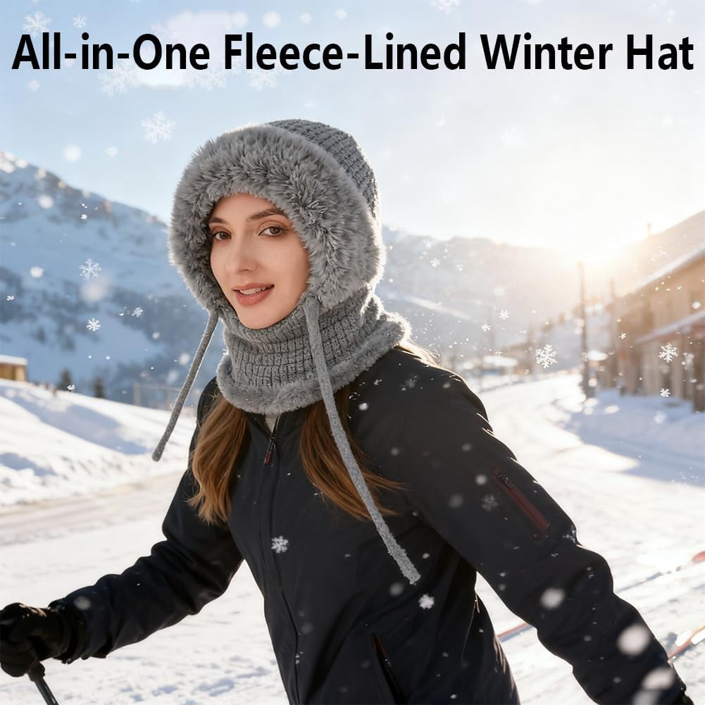 3 in 1 Beanie Hat for Women,Womens Balaclava Winter,with Scarf and Mask,Womens Knit Beanie Hat Fleece Lined Winter Scarf Mask Set Snow Caps