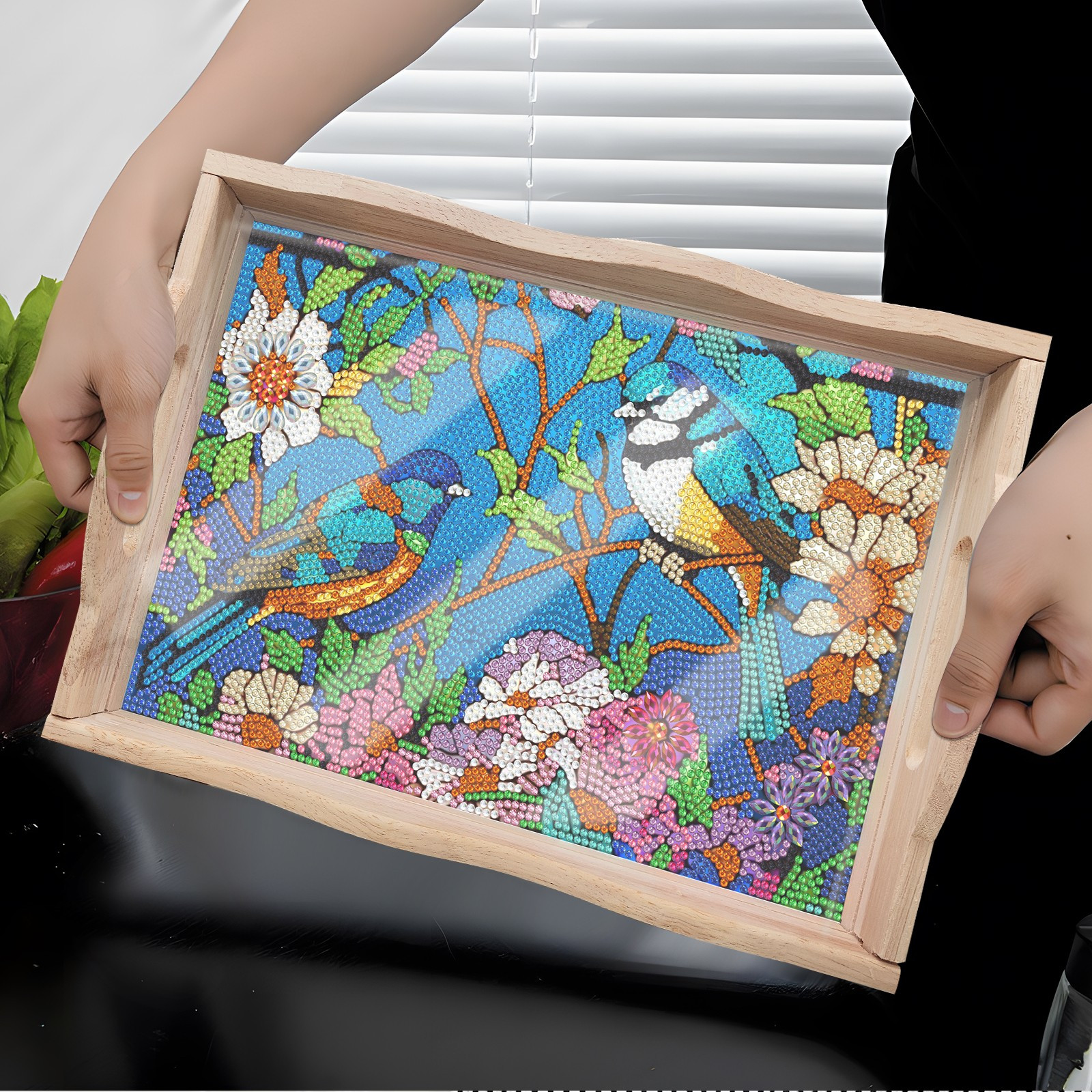 FLOPESN DIY Diamond Art Painting Tray,Handmade Wooden Tray Mosaic by Number Kits Diamond Art for Coffee Living Room Home Organizer-Birds singing and flowers fragrant