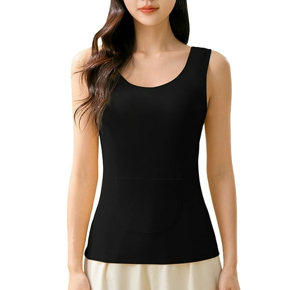 JIKNTTR Women Fashion Thermal Underwear New Vest Patch Belly Waist Double Pocket Belt Casual Winter Warm Plush Lined Base Layer Soft Thicken Plush Tops