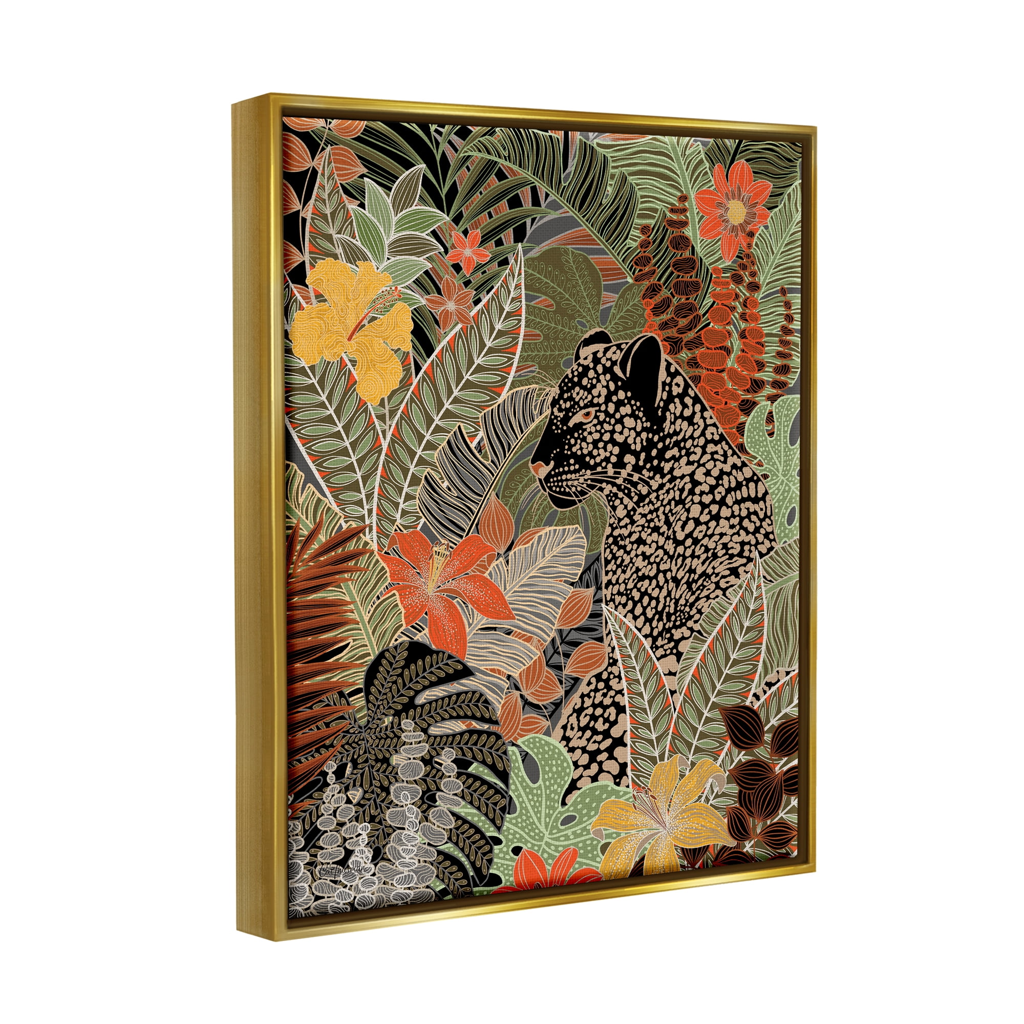 Stupell Industries Leopard in Jungle Pattern Animals & Insects Painting Gold Floater Framed Art Print Wall Art, 17 x 21