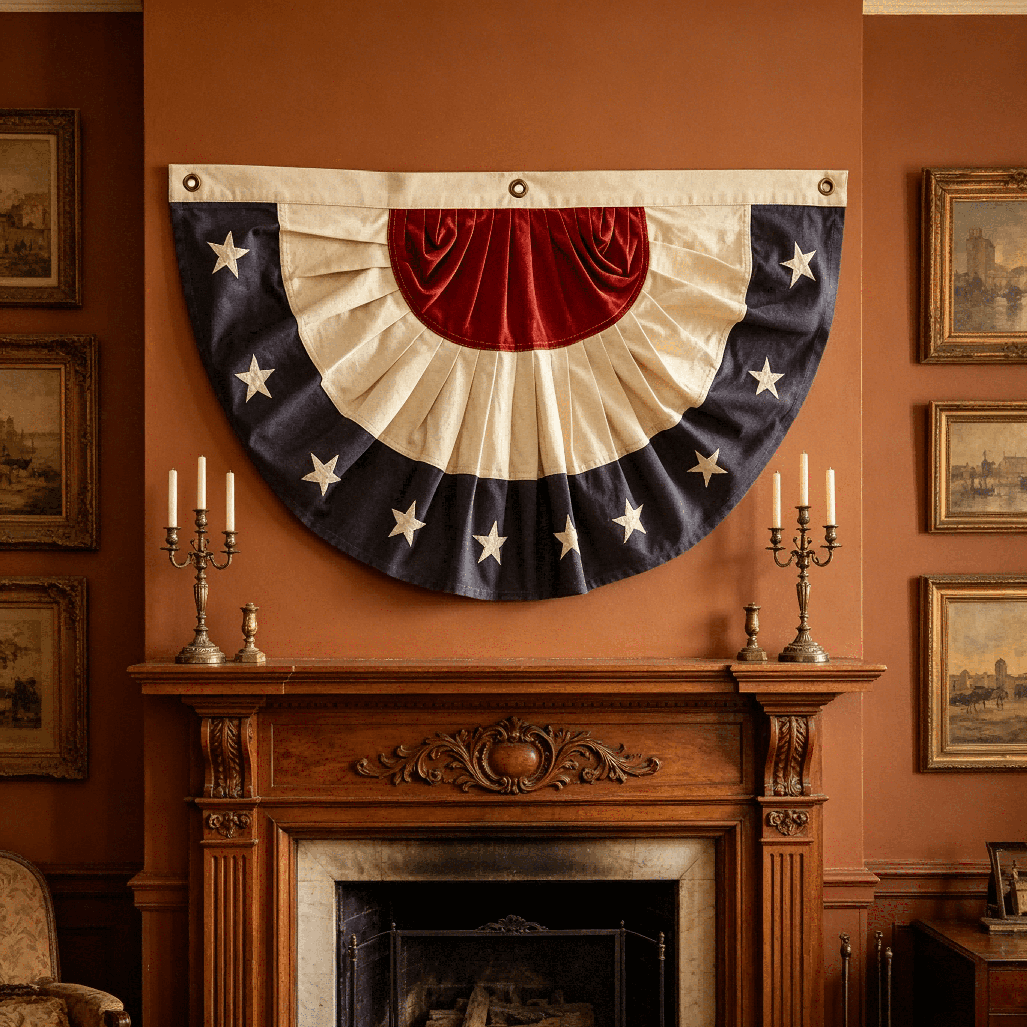 Heritage American Flag Set of 3- 250th Anniversary Commemorative Decor - Vintage Tea-Stained Pleated Fan Bunting & Vertical Star Pull Flag - Heavy Duty Canvas Patriotic Banner for Porch & Railing