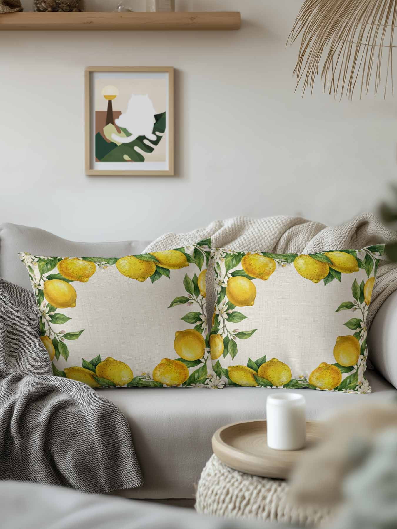 1 Pack Outdoor Pillows Waterproof, Summer Lemons Indoor/Outdoor Throw Pillows with Inserts, Fruits White Flowers Vintage Rustic Decorative Pillow for Patio Furniture Chairs Couch