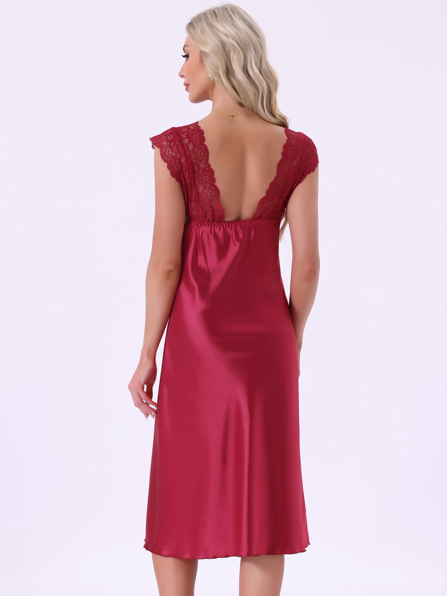 DARING DIVA Women's Satin Tank Lace Trim V-Neck Sleepwear Pajama Dress S Red
