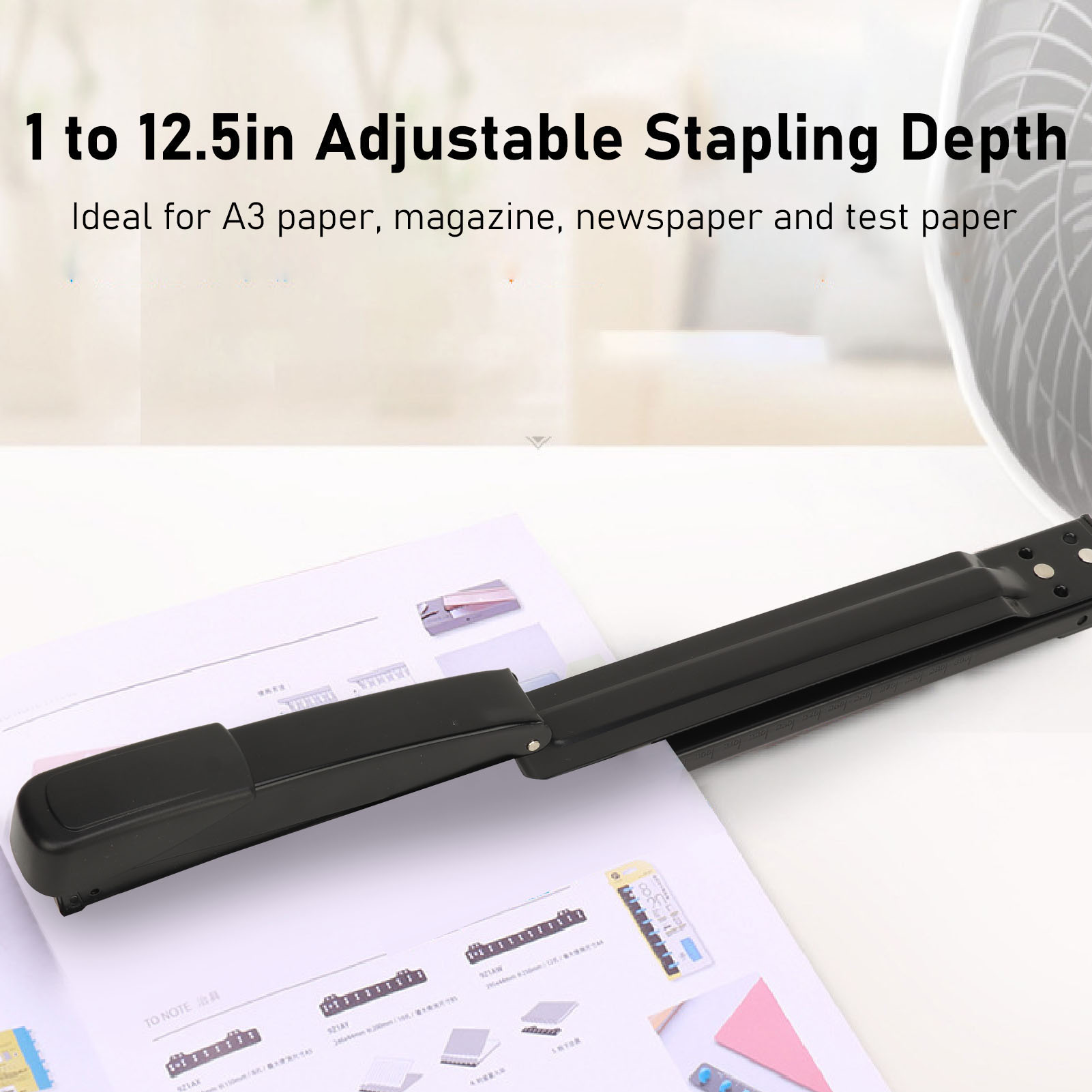 YAHHU Long Arm Desk Stapler, Black, 20 Sheets Capacity, High Strength Metal Stable Office Booklet Stapler For Desktop, Extended Reach Binding Tool (15.7 inches / 40 cm)