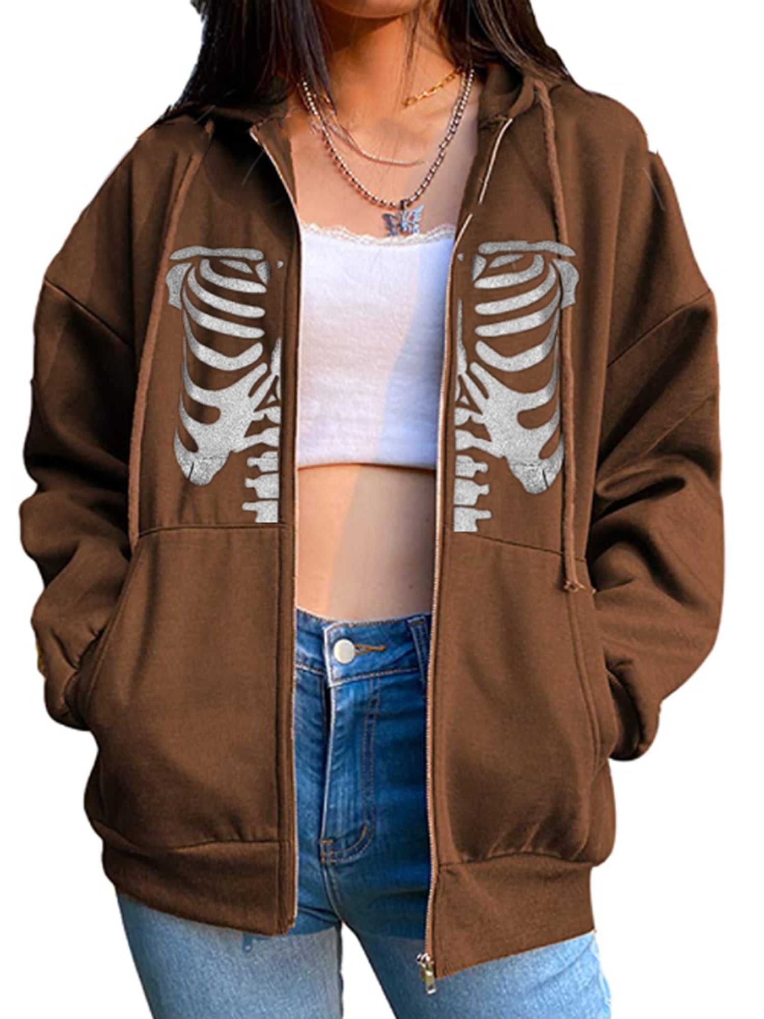 Women's Halloween Skeleton Print Oversized Y2K Zip up Sweatshirt Hoodies Vintage 90s E Girl Jackets Coat Streetwear Top 