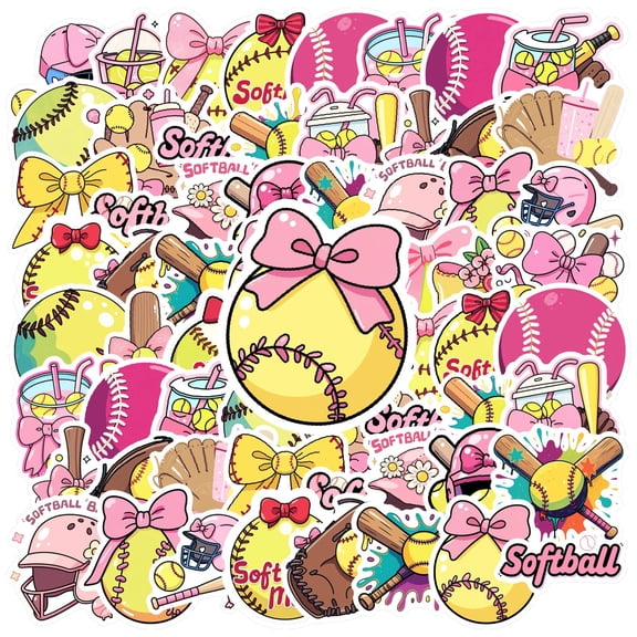 35pcs Cute Softball Stickers Cartoon Softball Accessories Stickers Pastel Bow Decals for Phones Laptops Suitcases