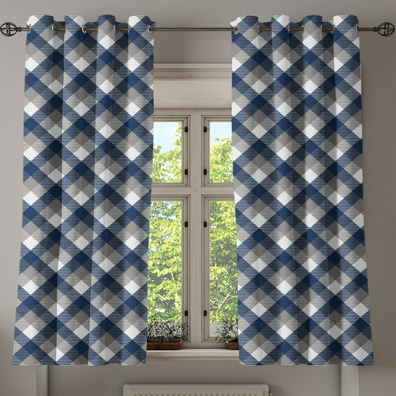 Ambesonne Abstract Grommet Curtain, Checkered Tartan Shape, 50" x 63", Dimgrey White Dark Blue