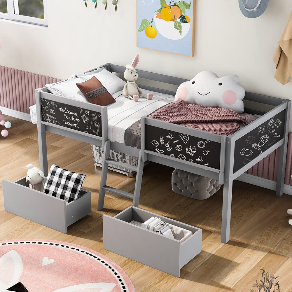 Kadyn Twin Size Low Loft Bed with Two Drawers,with Decorative Guardrail Chalkboard,Gray