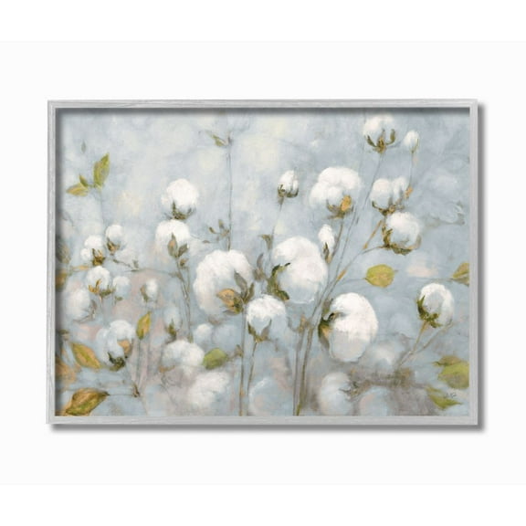Stupell Industries Cotton Flower Field Neutral Blue Green Landscape Painting Gray Farmhouse Rustic Framed Giclee Texturized Art by Julia Purinton