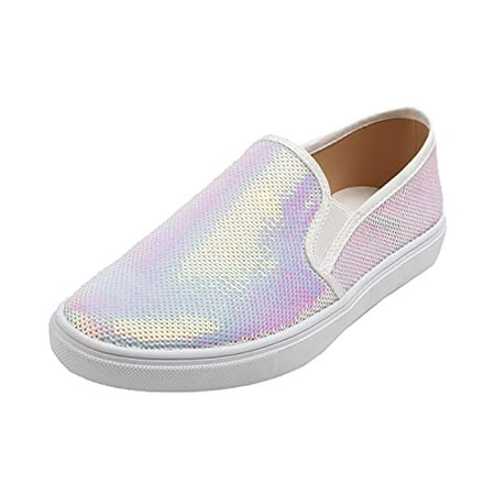 

Feversole Women s Fashion Dress Sneakers Party Bling Casual Flats Embellished Shoes AB White Sequin Size 9.5 M US