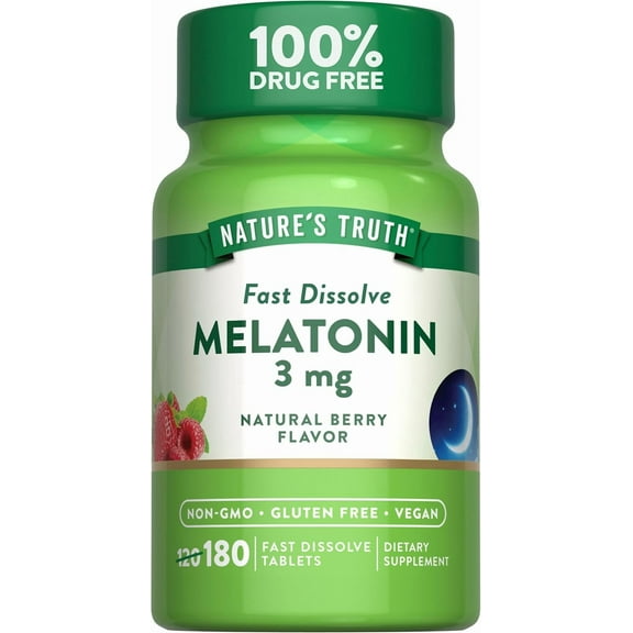 Melatonin 3mg | 180 Fast Dissolve Tablets | Nighttime Sleep Aid | Berry Flavor | Vegan, Non-GMO, Gluten Free | by Nature's Truth