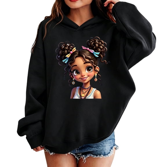 Hiijoy Girls Graphic Hoodies Casual Sweatshirts Drop Shoulder Pullovers, Black, Sizes 3-10
