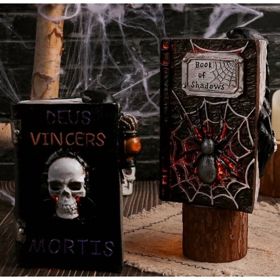Resin Ghost Book Ornament 2pc Set- Halloween Skull Home Decor Spooky Bookshelf Display