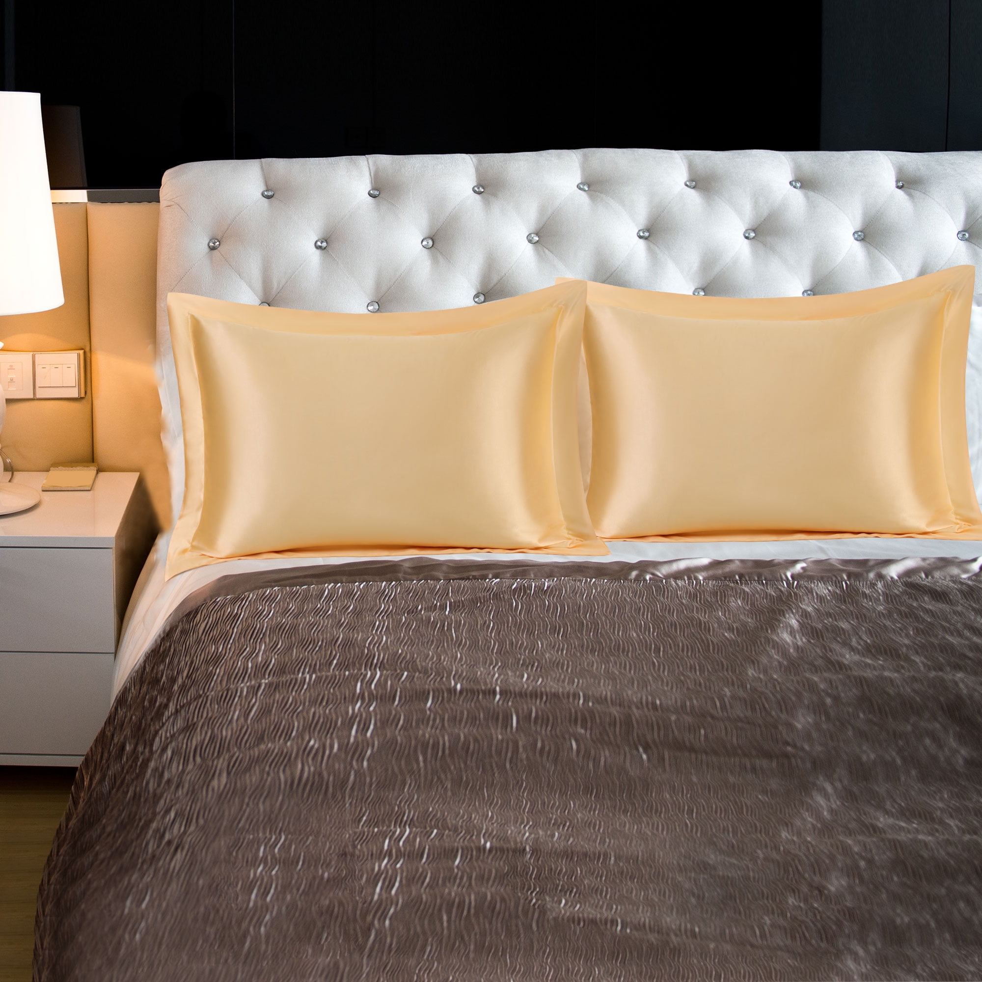 Unique Bargains Retro Satin Ruffle Pillowcases 2Pack with Envelope Gold Queen