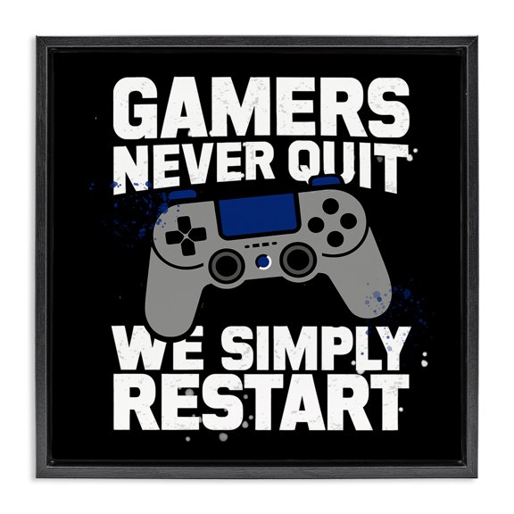 Stupell Industries Contemporary Gamers Never Quit Phrase Black Floating Frame Canvas Art, 18 x 18, by Kim Allen