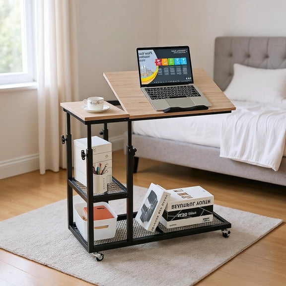 Topcobe Adjustable C-Shaped Bedside Table with Wheels, Vintage C-shaped Couch Table for Sofa Laptop Coffee Snack, Living Room Furniture, Natural