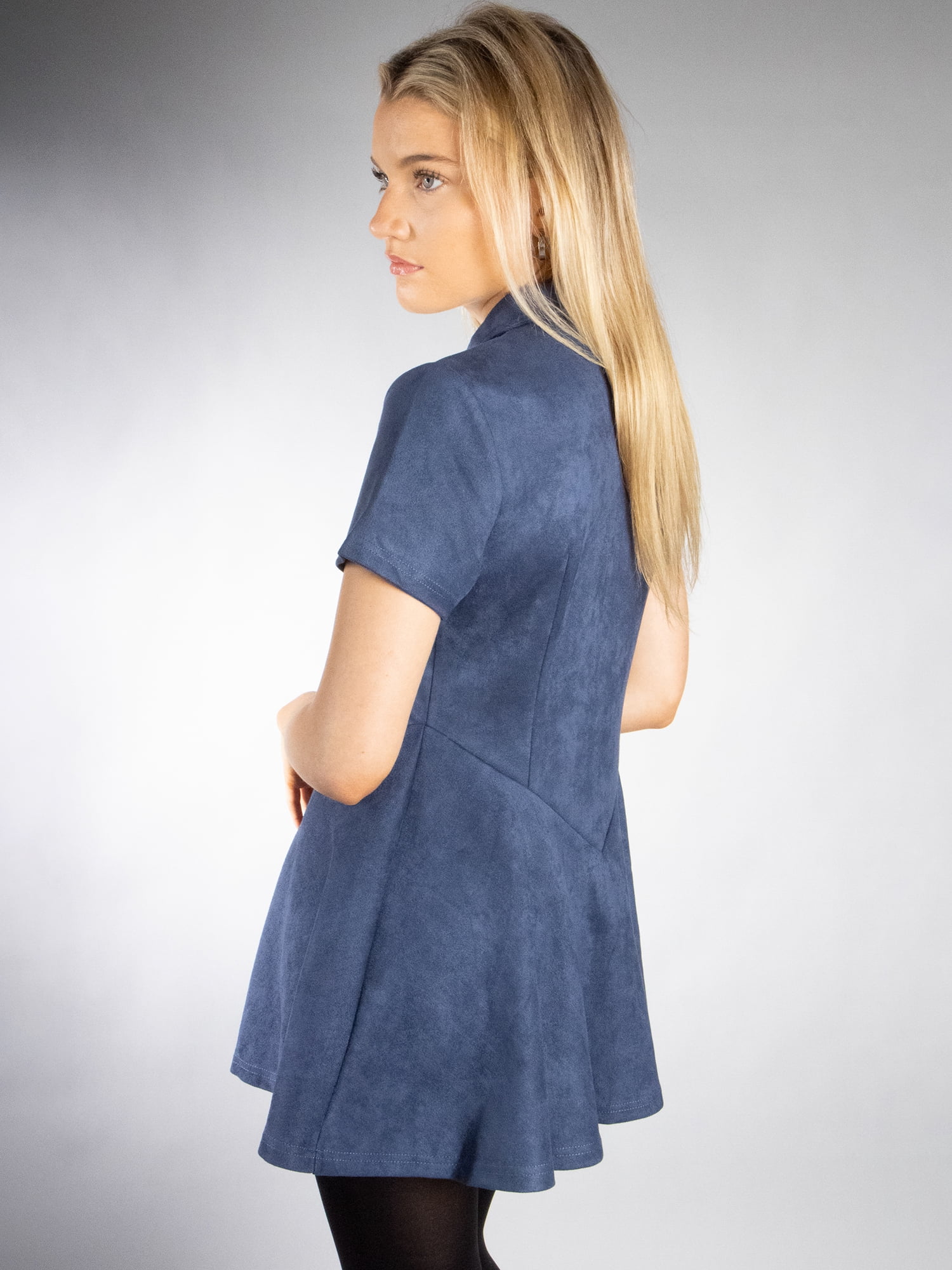 DARING DIVA Women's Stylish Pointed Collar Short Sleeve Button Down Dress L Dark Blue