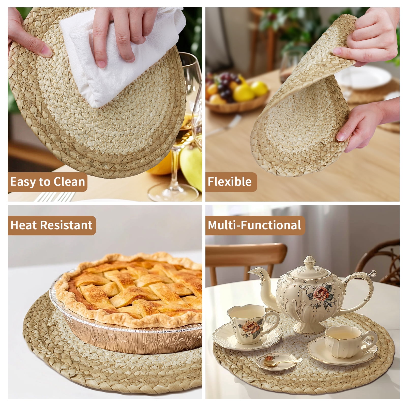 6 Pack Round Woven Placemats Natural Water Hyacinth Wicker Place mats Braided Straw Table Mats Charger Plates for Dining Table, Fall, Thanksgiving, Christmas (11.8 inch)