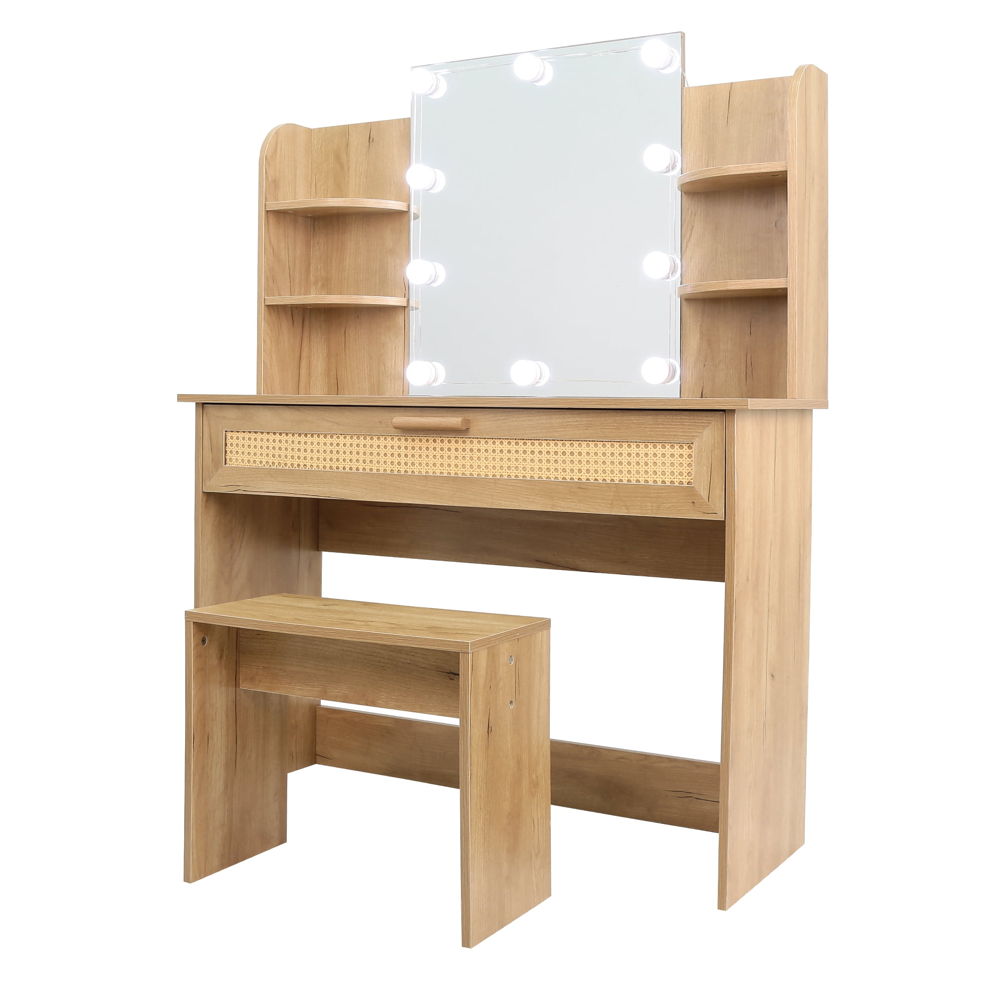 Kadyn 51" Vanity Desk Set Stool & Dressing Table with LED Lighting Mirror Drawer and Compartments Modern Wood Cosmetic Table Chest of Drawers Nature Color