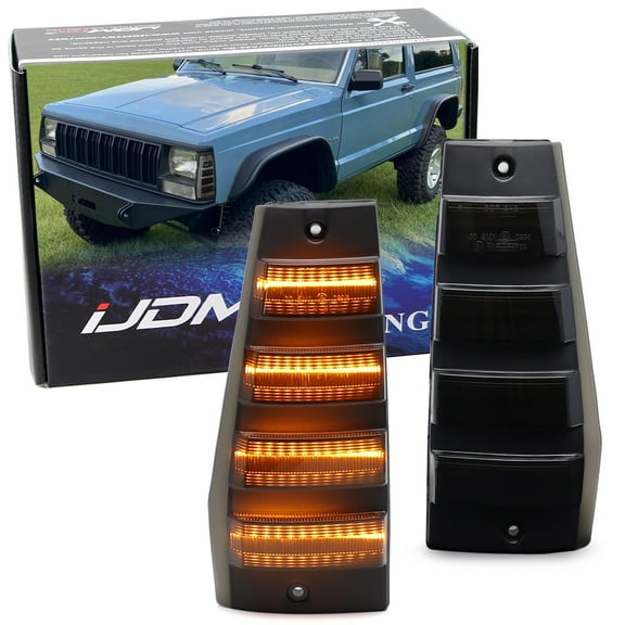 Black-Out Smoked Lens Amber Quad-Strip Full LED Front Vertical Side Marker Light Kit For Jeep 1984-1996 Cherokee, 86-92 Comanche, 84-90 Wagoneer