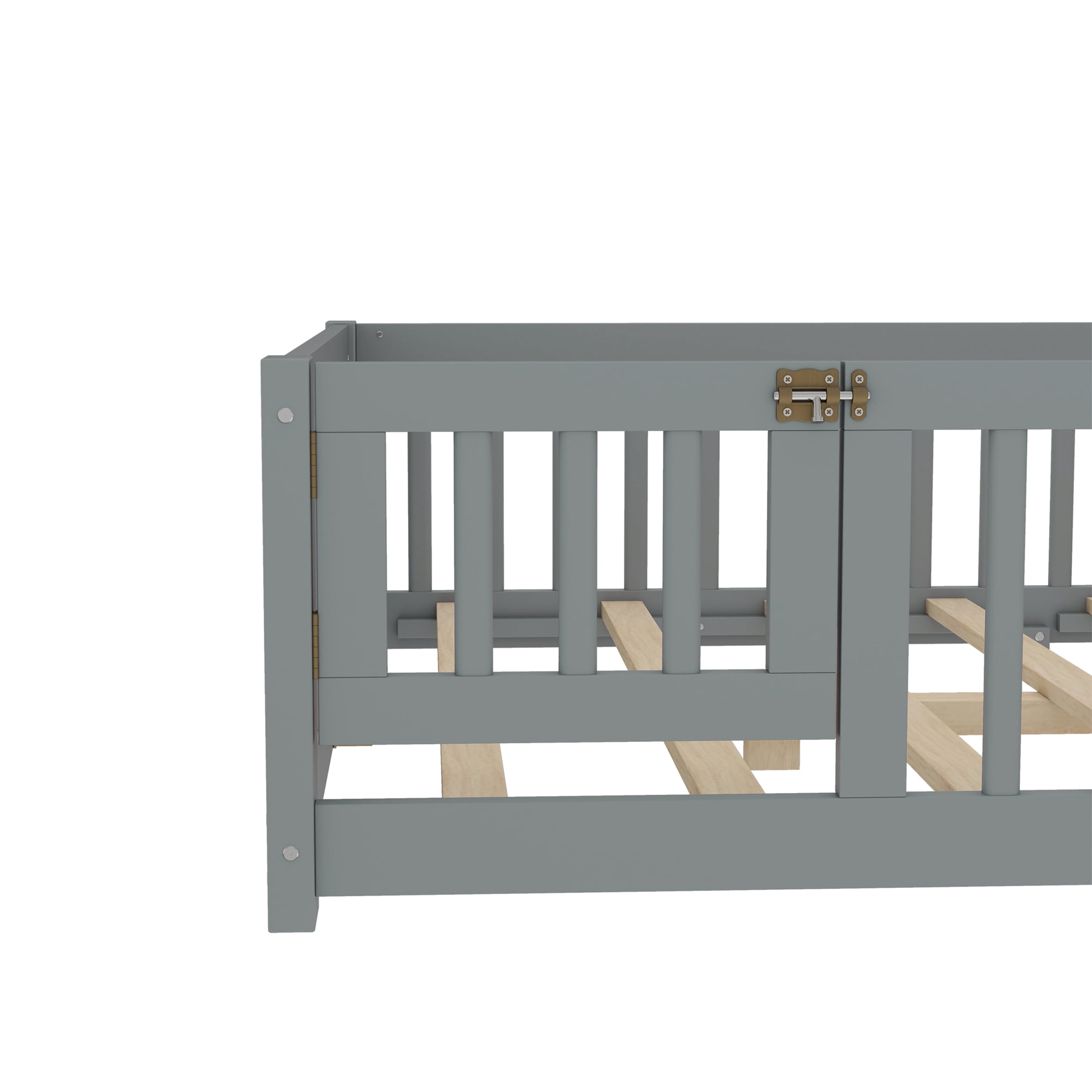Jopath Full Size Floor Bed Frame,Montessori Bed with Guardrails and Door,with Slatted Base,for Kids,Boys,Girls,Gray