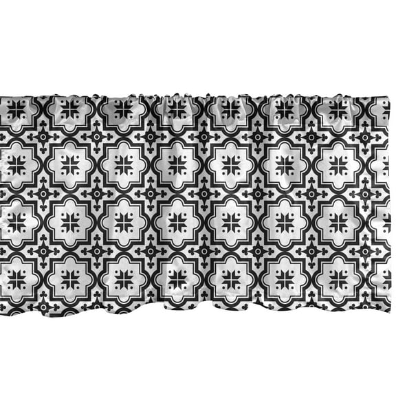Ambesonne Moroccan Window Valance, Monochrome Tile Design, 54" X 12", Black White