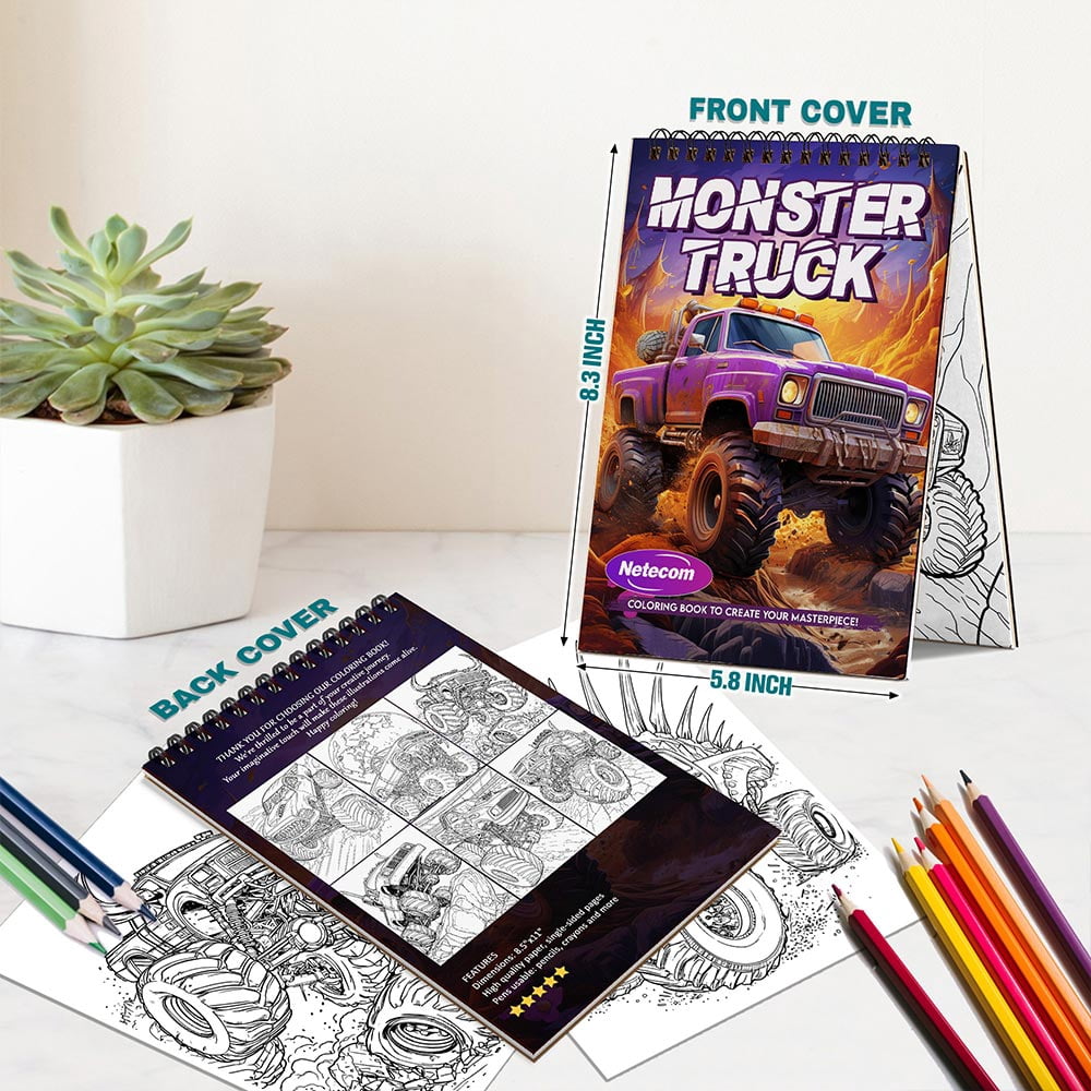 Netecom Monster Truck Coloring Book Spiral Bound For Adults, A5 Wooden Cover, 30 Captivating Coloring Pages of Powerful Monster Trucks for Stress Relief and Relaxation