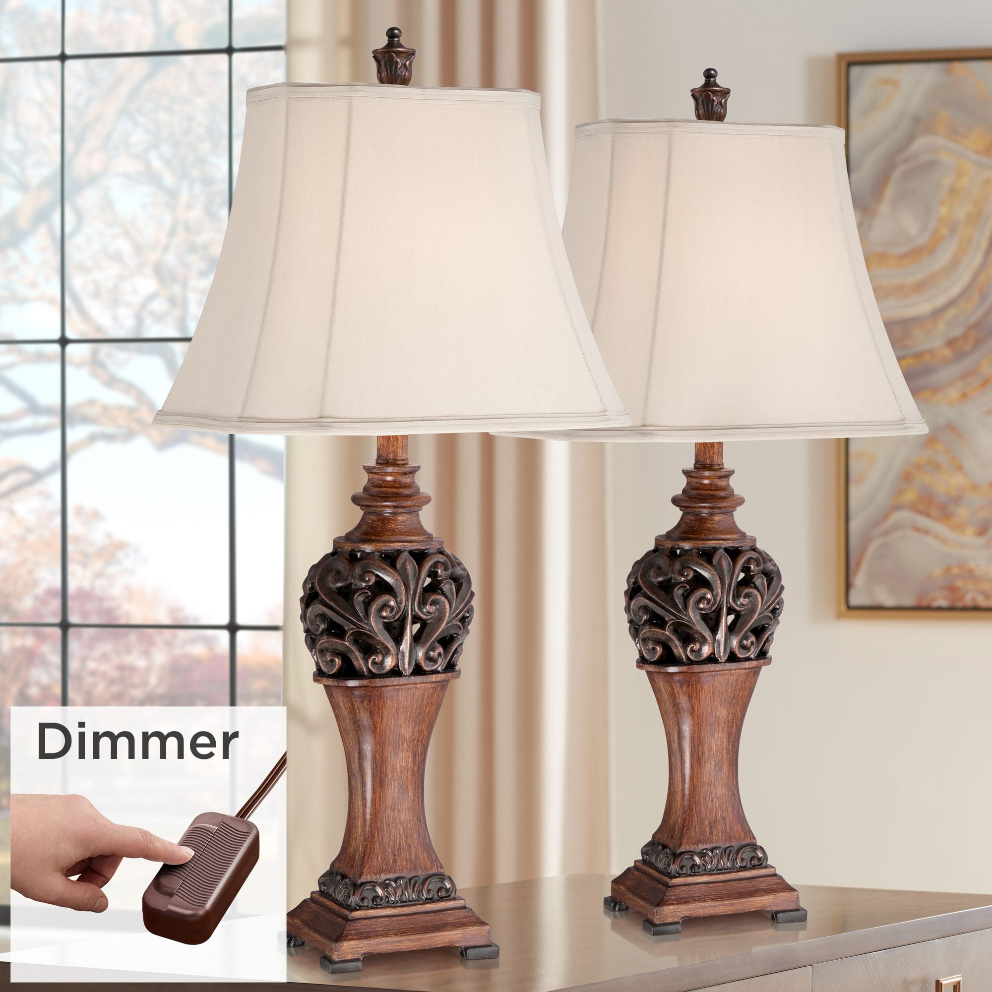 regency hill exeter traditional table lamps 30" tall set of 2 bronze wood  carved leaf with table top dimmers cream rectangular shade for living room