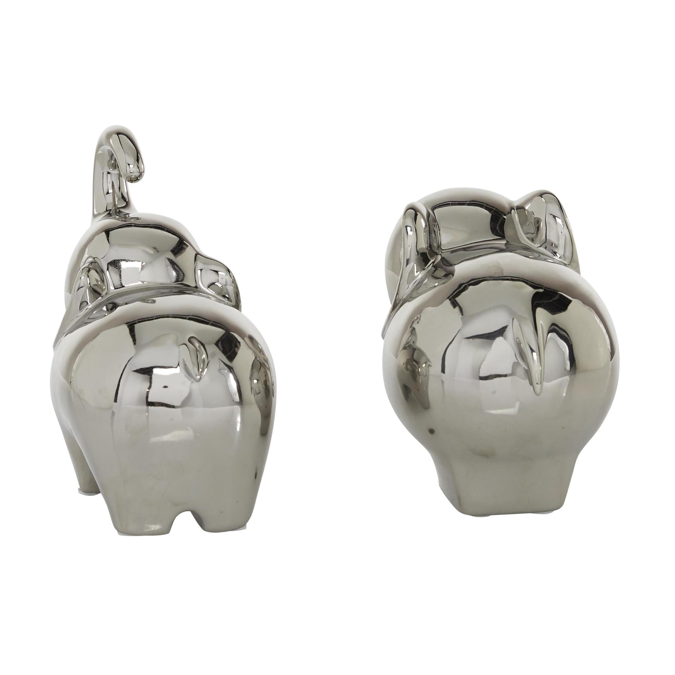 6", 7"H Silver Porcelain Ceramic Elephant Sculpture, by DecMode (2 Count)